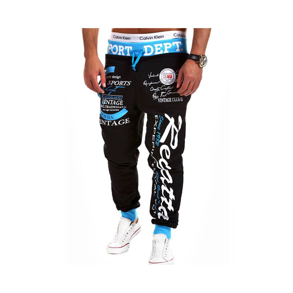 (Black and Lake Blue,L（Tag L=US S）)Pantalon de survêtement homme lettre sport jogging jogger pantalon survêtement bas honnête
