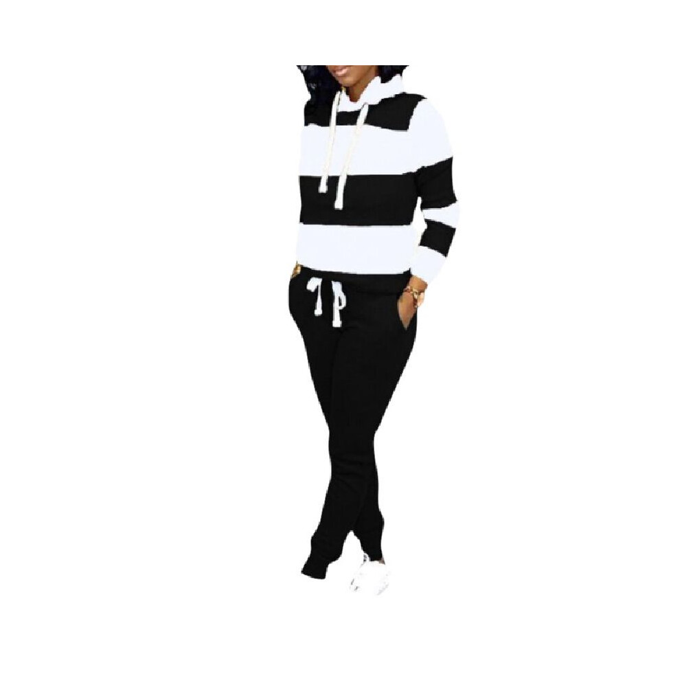 (Black,L)2 pièces survêtement rayé femme jogging gym sport sweats à capuche sweat costume pantalon