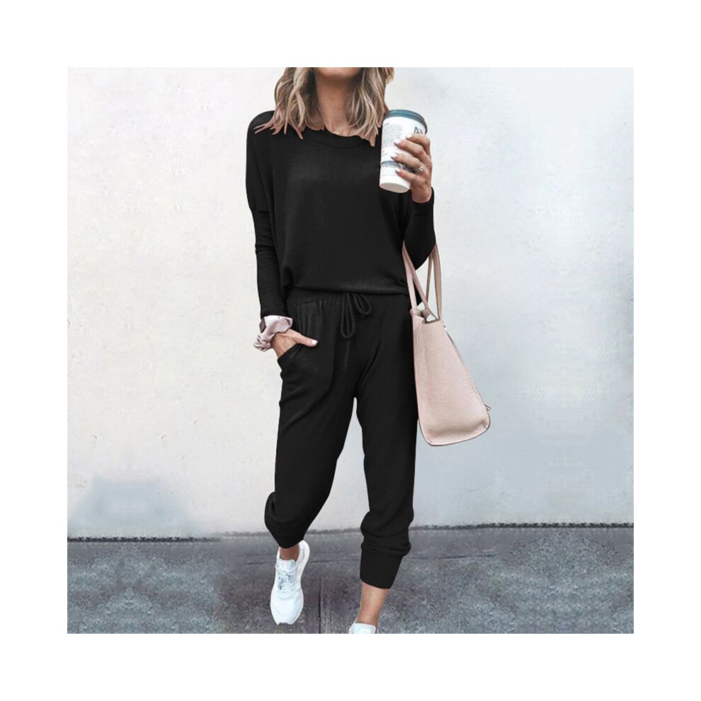 (Black,L)Ensemble survêtement 2 pièces femme couleur unie top sweats à capuche pantalon de détente