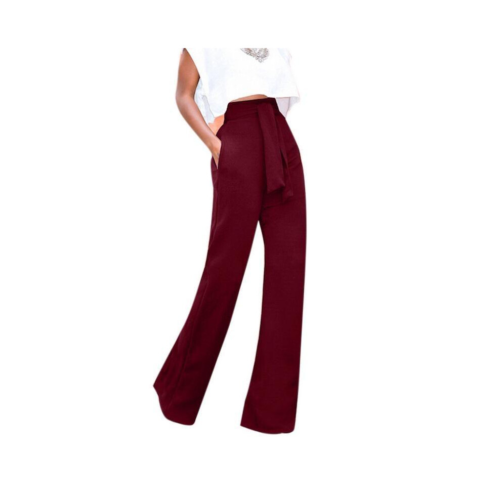 (Wine,S)Pantalon femme décontracté doux évasé vêtement cordon taille haute pantalon vintage