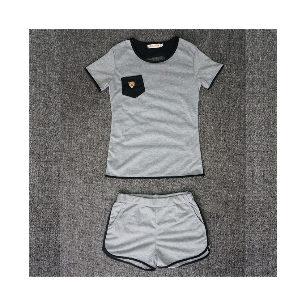 (Gray,M)Ensemble de combinaison femme sexy manches courtes vêtements de sport haut pantalon combinaison t-shirt