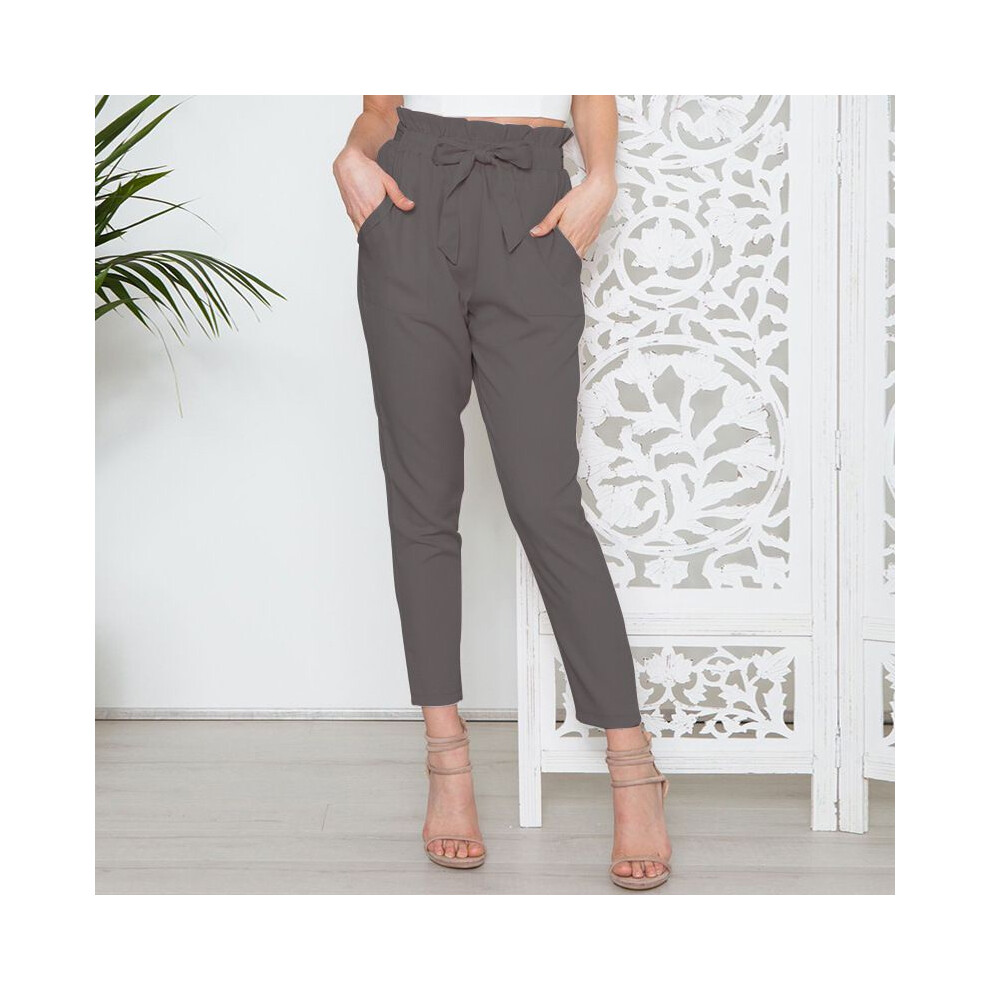 (DarkGray,Tag XL=US M)Pantalon femme mode taille haute nœud plissé ceinturé poche harem