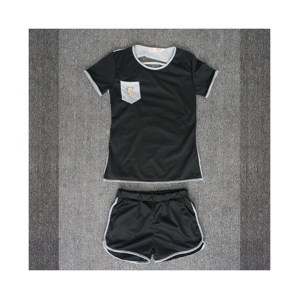 (Black,XXL)Ensemble de combinaison femme sexy manches courtes vêtements de sport haut pantalon t-shirt combinaison