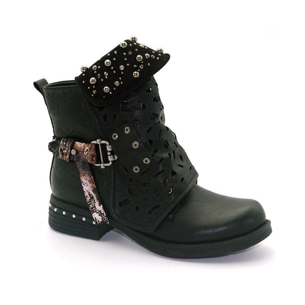 (Black,EU36=Foot Length23cm)Bottines femme cloutées gothiques zippées Chelsea creuses boucle punk chaussures Martin