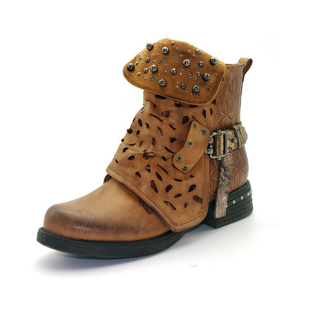 (Yellow,EU40=Foot Length25cm)Bottines femme cloutées gothiques zippées Chelsea creuses punk boucle chaussures Martin