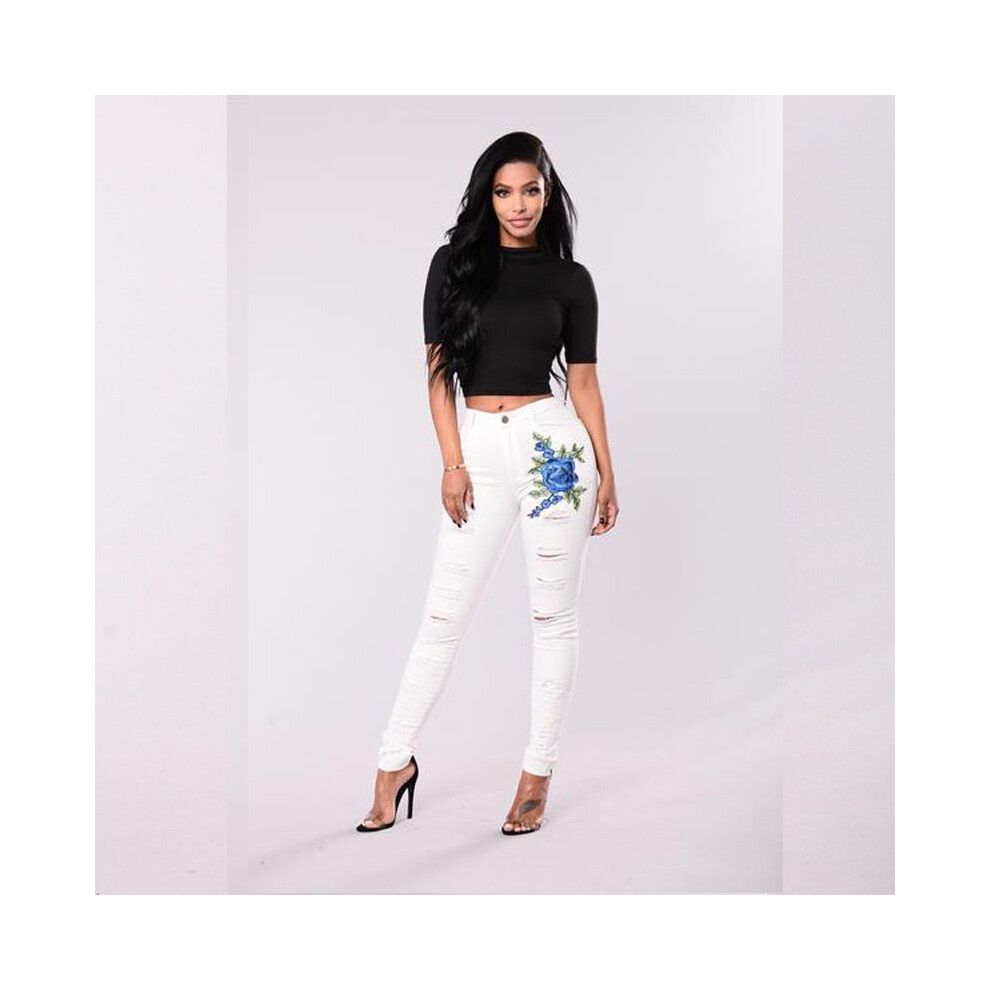 (White,XL)Pantalon skinny courbé taille haute stretch fleuri déchiré jeans grande taille