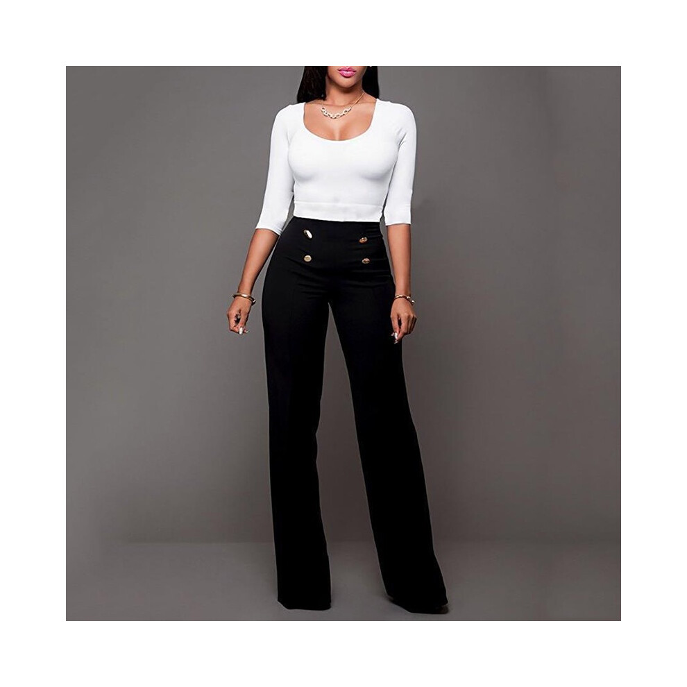 (Black,2XL)Pantalon long femme décontracté taille haute évasé jambes larges mode été 5 couleurs