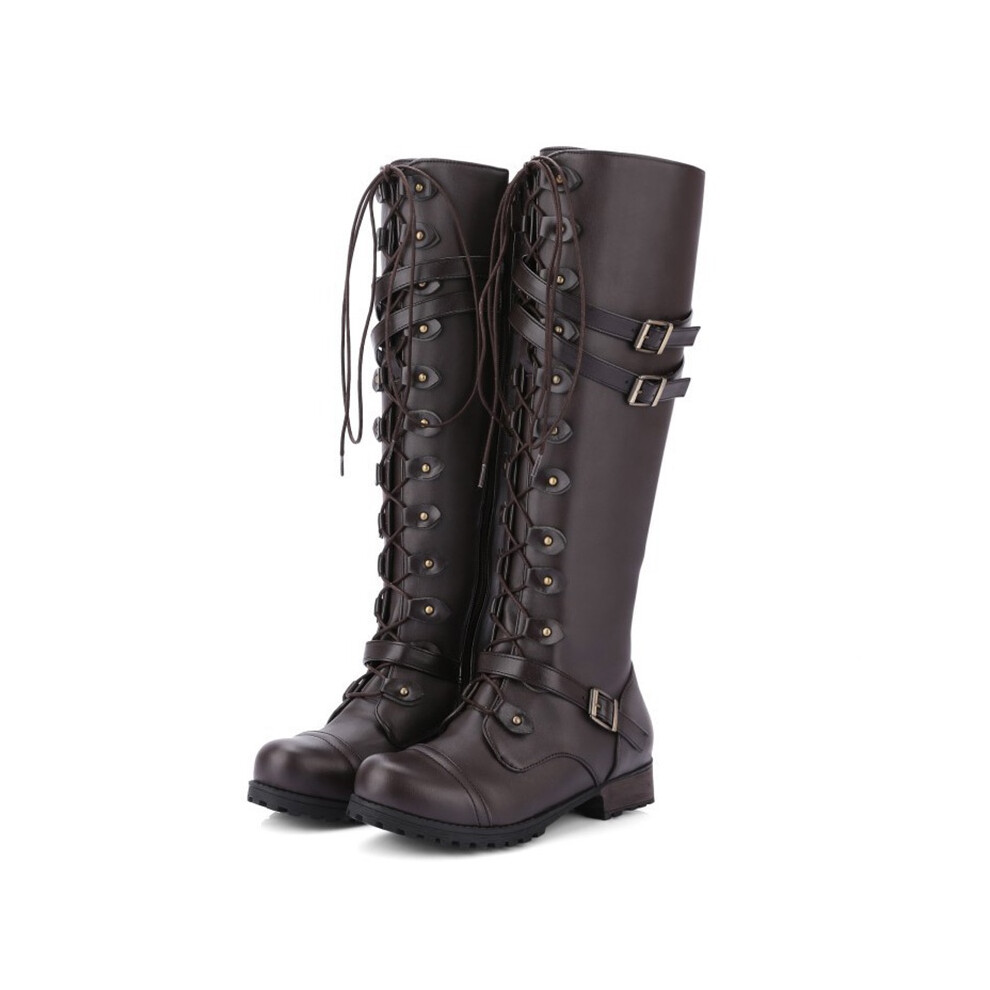 (Brown,EU41=Foot Length25.5cm)Bottes de combat militaires mode boucle à lacets haut genou femme cuir équitation