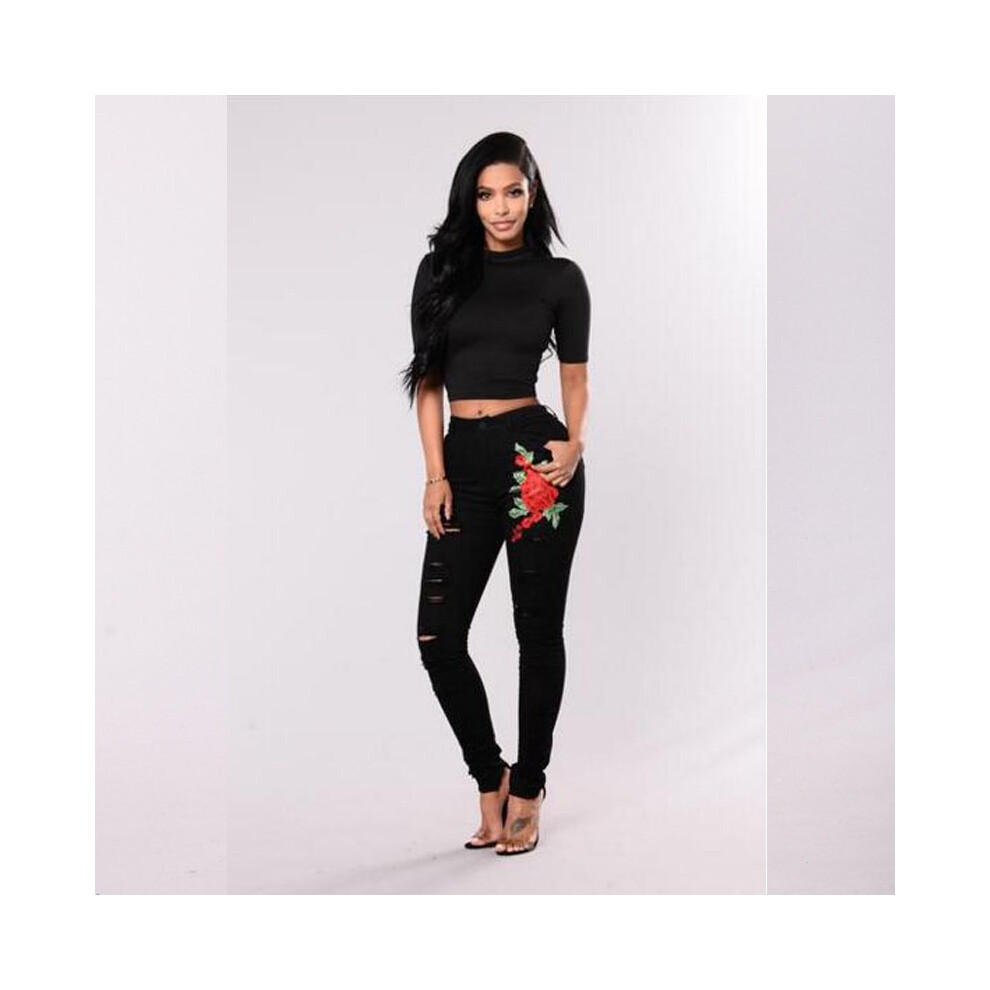 (Black,S)Pantalon skinny courbé taille haute stretch fleuri déchiré jeans grande taille