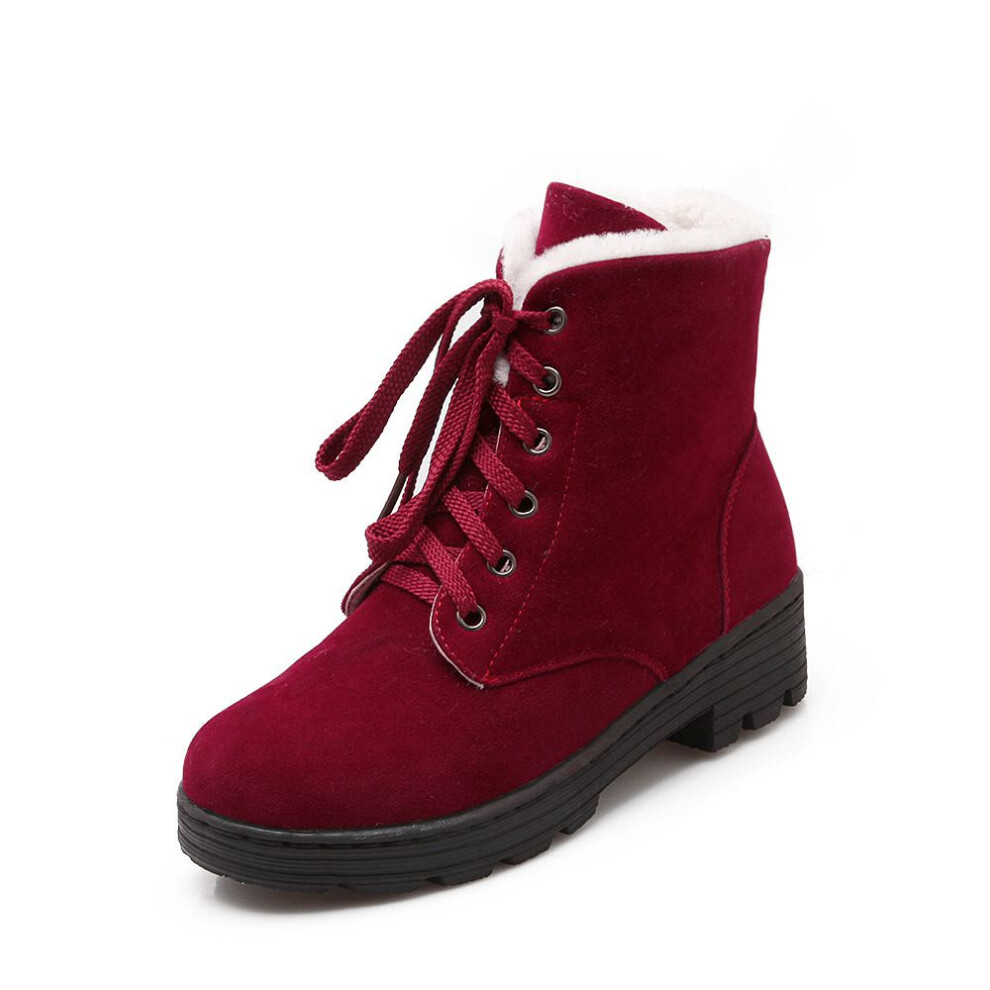 (Red,EU38=Foot Length24cm)Bottes Martin pour femmes américaines hiver chaudes plates à lacets doublées fourrure femme neige cheville chaussures