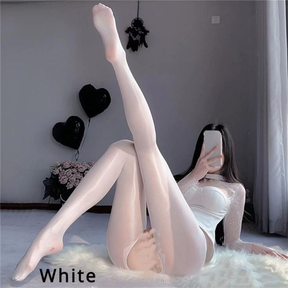 (white, M/L) M-xl Plus Glossy Reflective Crotchless Pantyhose For Women Pearlescent Silky Stockings Sexy Leggings Socks