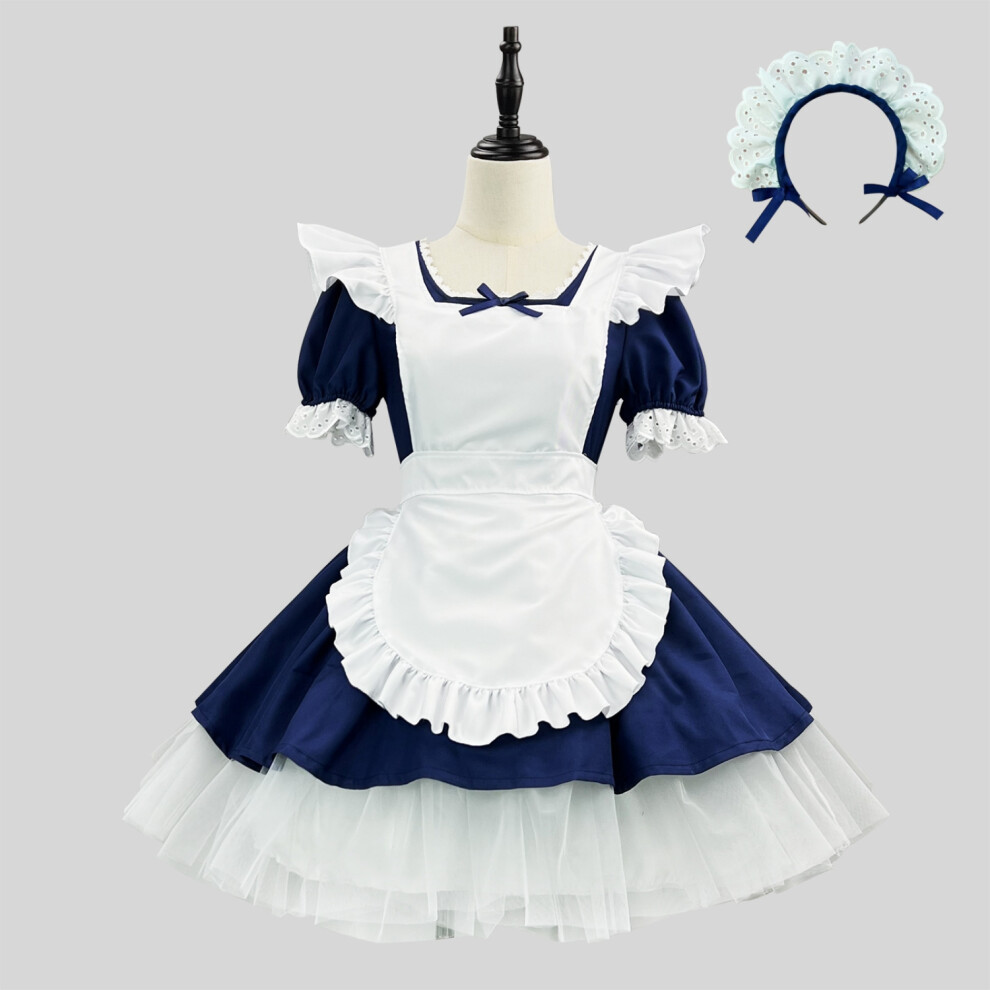 (M(155-160Cm)) Black And Blue Anime French Maid Apron Lolita Fancy Dress Halloween Cosplay Costume Blue,Black