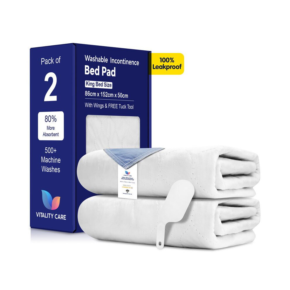 Vitality Care (2X King Bed 86X152cm) Washable Incontinence Bed Pads With Tucks For Adults & Kids - 100% Waterproof Reusable Mattress Protector Underpads