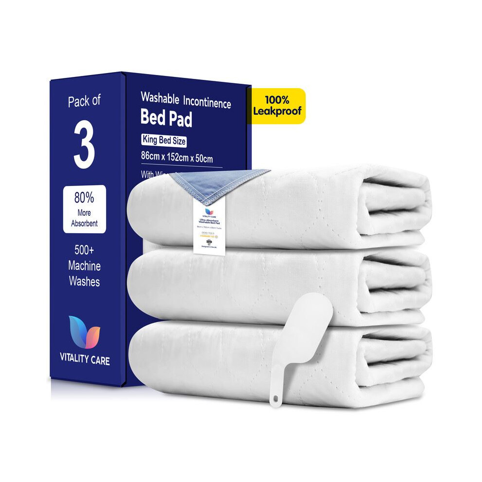 Vitality Care (3X King Bed 86X152cm) Washable Incontinence Bed Pads With Tucks For Adults & Kids - 100% Waterproof Reusable Mattress Protector Underpads