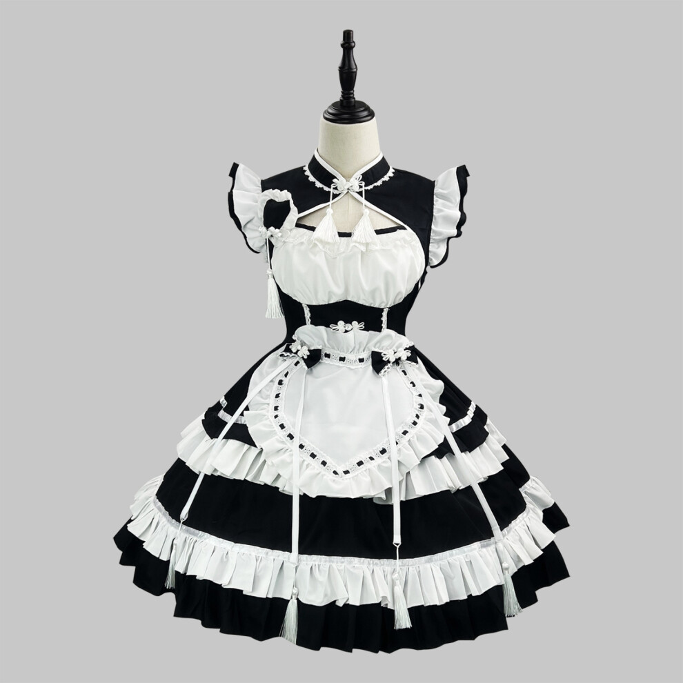 (S(150–155 cm)) Chinese Style Cheongsam Lolita Maid Dress Cosplay Uniform Set for Women with Elegant Qipao-Inspired Design