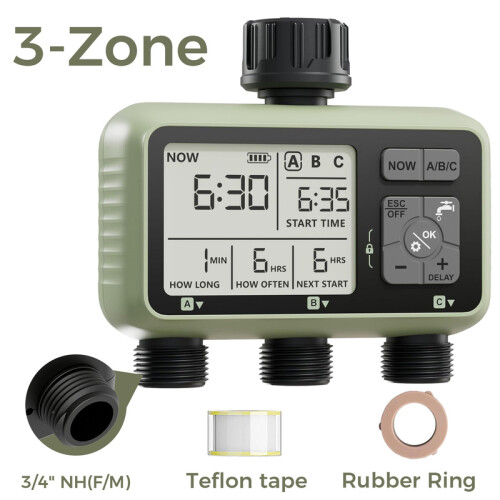 (3 ZONE-NH)Diivoo Garden Water Timer Programmable Automatic Irrigation Timer with Rain Delay Manual/Auto Mode Watering for