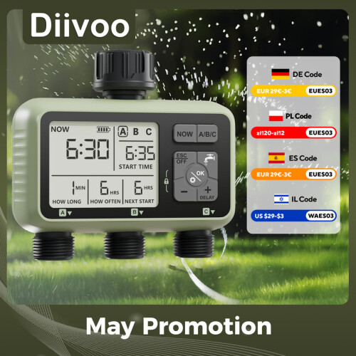(3 ZONE-NH)Diivoo Garden Water Timer Programmable Automatic Irrigation Timer with Rain Delay Manual/Auto Mode Watering for 1