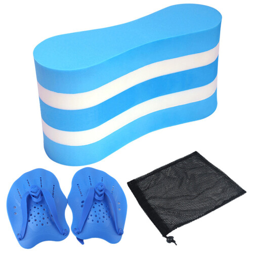 (Blue)Swim Training Pull Buoy Adjustable Strap Hand Paddles with Mesh Bag Swim Training Equipment 5-Layer Pull Buoy for