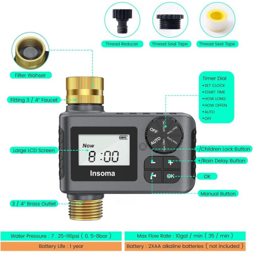 (NPT-Typ) INSOMA Automatisches Bewässerungssystem, intelligenter Gartenbewässerungs-Wassertimer mit 2