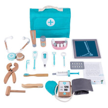 18 Piece Kids Wooden Role Play Pretend Dentist Tool Box Doctor Medical set with Stethoscope Early Education