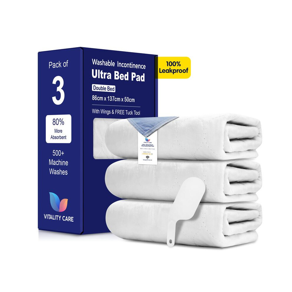 Vitality Care (3X Double Bed 86X137cm) Incontinence Washable Bed Pads 86X137 Cm Reusable Tumblerdry Double Bed Size With Tucks Incontinence Reusable Bed Pad With Wi