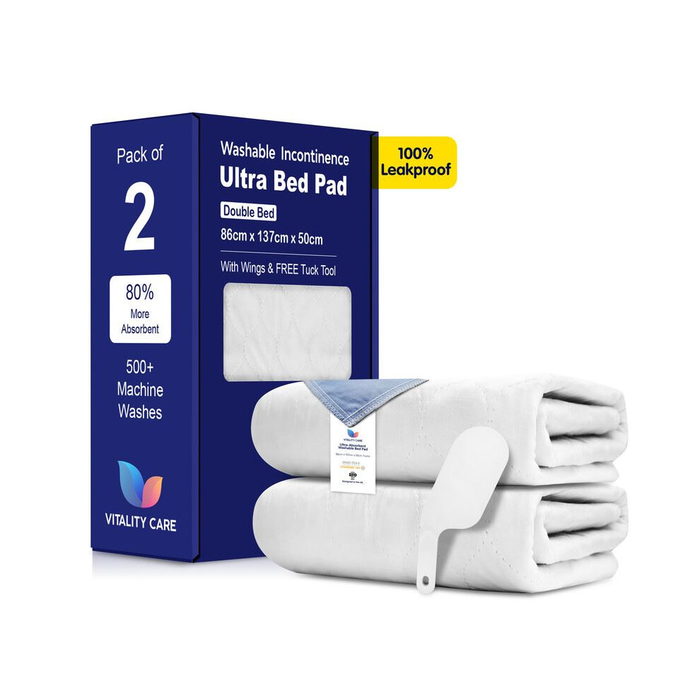 Vitality Care (2X Double Bed 86X137cm) Incontinence Washable Bed Pads 86X137 Cm Reusable Tumblerdry Double Bed Size With Tucks Incontinence Reusable Bed Pad With Wi