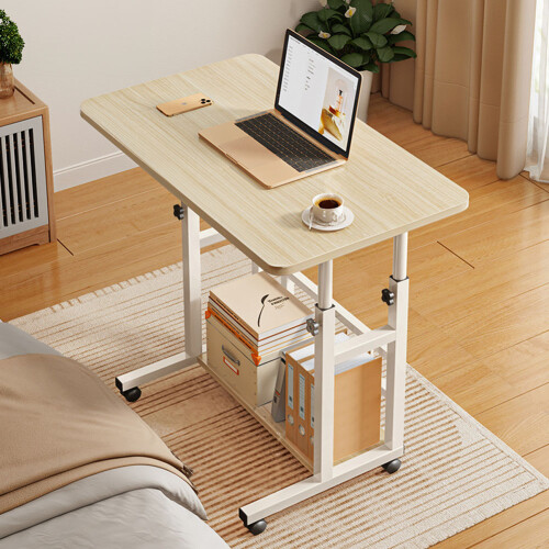 Living And Home 60*37cm Height Adjustable 2-Tier Mobile Table Overbed Desk, Light Oak