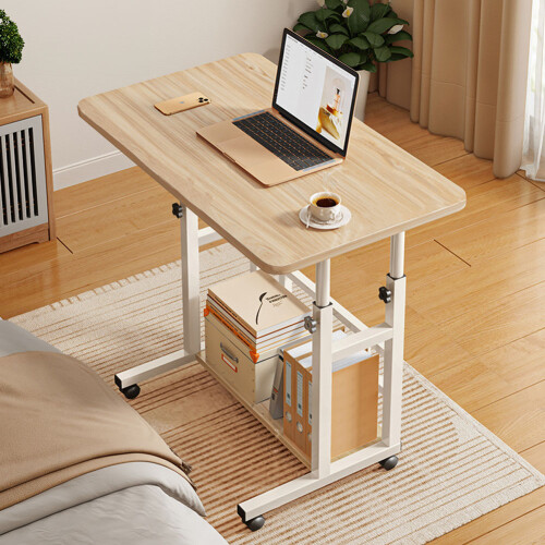 Living And Home 60*37cm Height Adjustable 2-Tier Mobile Table Overbed Desk, Natural