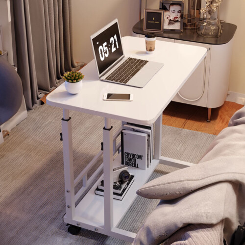 Living And Home 60*37cm Height Adjustable 2-Tier Mobile Table Overbed Desk, White 1