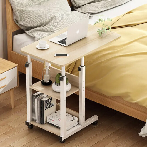 Living And Home 60*40*68CM Height Adjustable Mobile Table Overbed Desk with Shelf