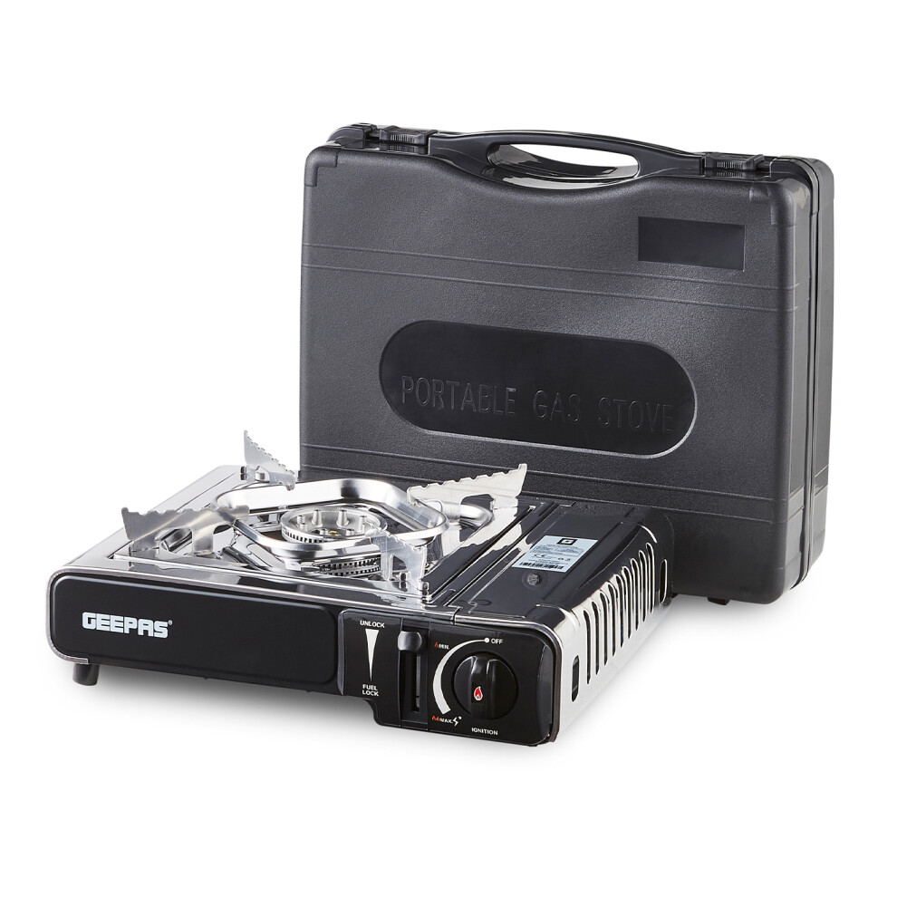 (Single Burner Geepas Portable Camping Gas Butane Stove Cooker) Geepas Portable Camping Gas Stove Double Burner BBQ Cooker Outdoor Grill Plate Automatic Ignition System Butane Can