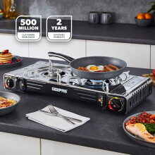 (Double Burner) Geepas Portable Camping Gas Stove Double Burner BBQ Cooker Outdoor Grill Plate Automatic Ignition System Butane Can