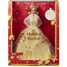Poup   e Barbie Signature 2023, objet de collection pour les f   tes, robe dor   e, cheveux ch   tain clair, support et emballage d'exposition