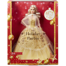 Poup   e Barbie des f   tes 2023, cadeau de collection saisonnier, robe dor   e signature Barbie et emballage affichable, cheveux blonds