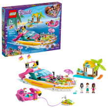 LEGO FRIETS FESTE BARCO 41433, incluindo os amigos de Lego Emma Andrea e Ethan Mini-Doll Figures Beach Store e Flamingo Party Boat Great Summer T