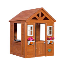 Backyard Discovery Timberlake All Cedar Wooden Playhouse Country Cottage Sink Stove White Trimmed Windows Kitchen with Sink and Stove Flowe