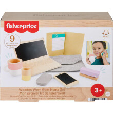 Fisher-Price Wood Pretend Play Work from Home Set 9-Piece Office Playset with Wooden Toy Laptop & Phone for Preschool Kids Ages 3+ Years