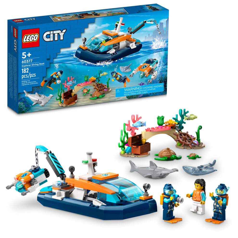 Lego City Explorer Diving Boat 60377 Ocean Building Toy Includes A Coral Reef Setting Mini-Submarine 3 Minifigures And Manta Ray Shark Crab 2 Fi