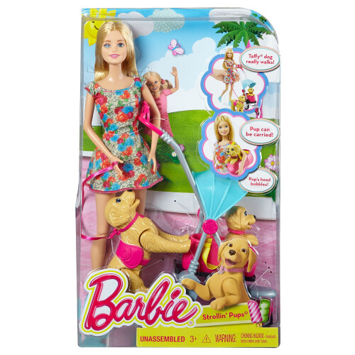 Barbie Σετ Barbie Stroll n Play Pups με Κούκλα Barbie, 2 Κουτάβια και Καρότσι Ζώων 1