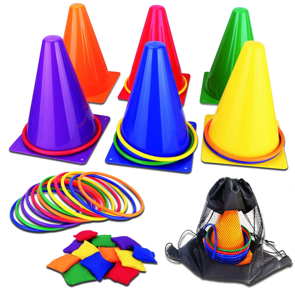 unanscre 31PCS 3 in 1 Carnival Outdoor Games Combo Set for Kids Soft Plastic Cones Bean Bags Ring Toss Game Gift for Birthday Party/Xmas
