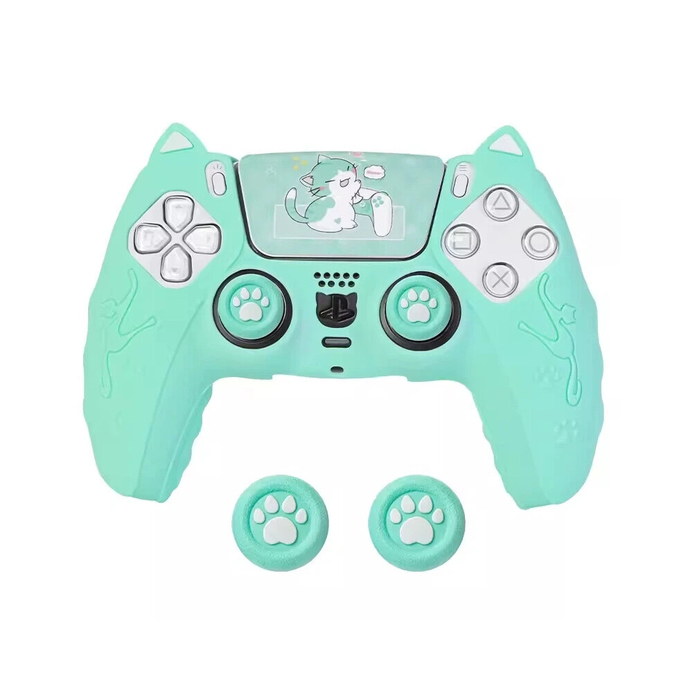 (Green) Silicone Case Cover For Sony Playstation 5 Ps5 Controller Skin+Cat Paw Thumb Grips+Sticker Green 6963793342938
