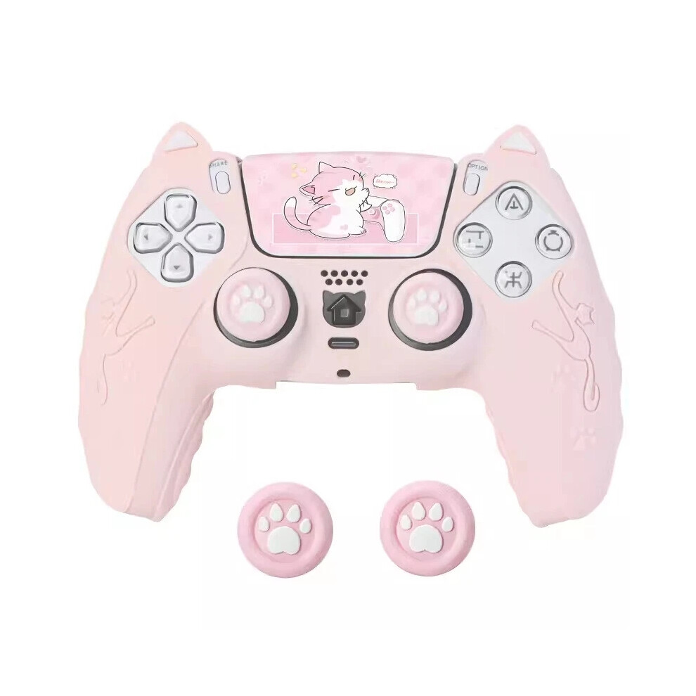 (Pink) Silicone Case Cover For Sony Playstation 5 Ps5 Controller Skin+Cat Paw Thumb Grips+Sticker Pink 6963793342945