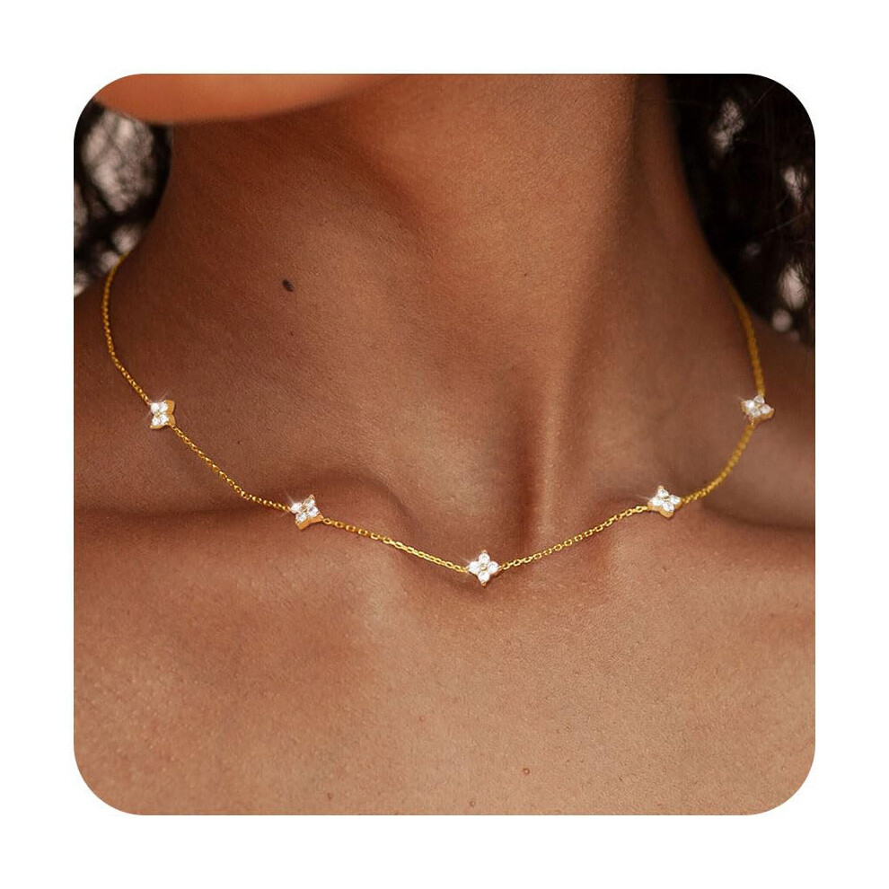 (D-Gold) Dainty Gold Silver Necklace for Women Girls Trendy Non Tarnish Plated Cubic Zirconia Necklaces Cute Flower Choker Necklace Stack Jewellery