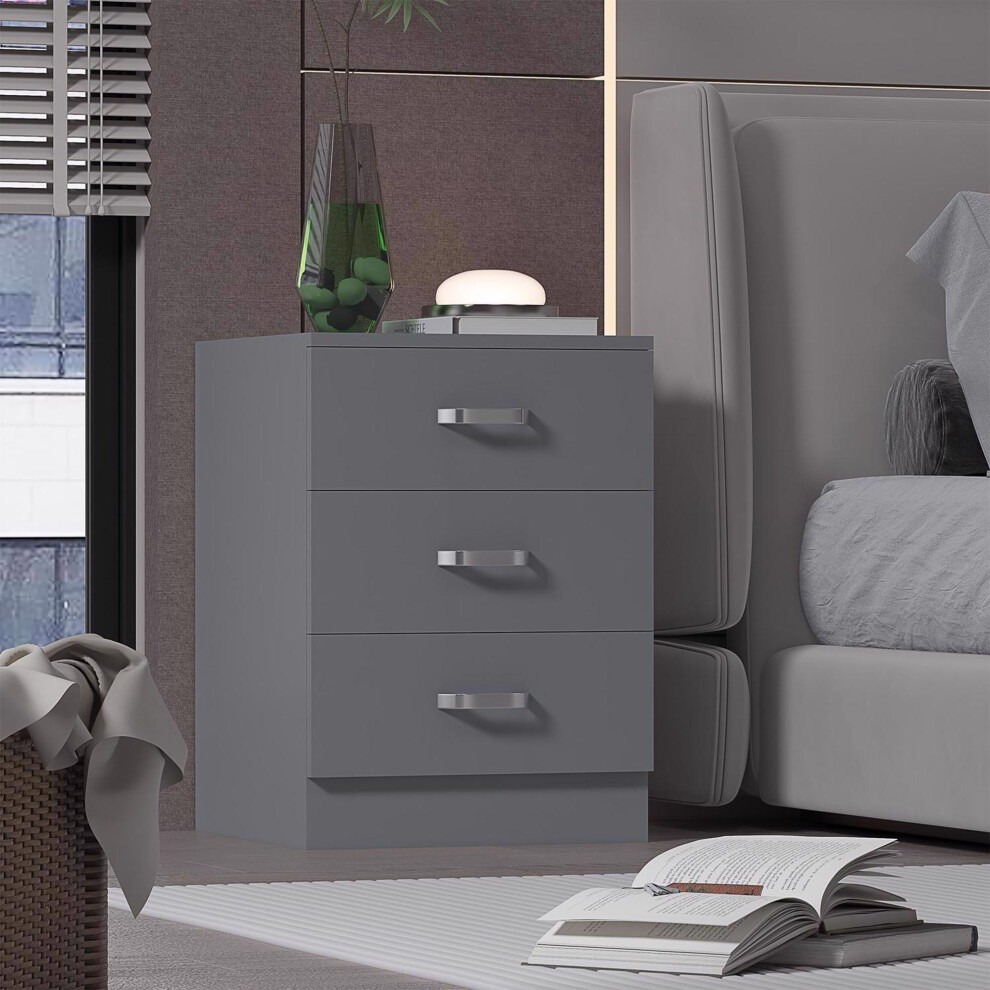 FWStyle Matt Grey 3 Drawer Chest Of Drawers Bottom Fixed Runners Metal Handles