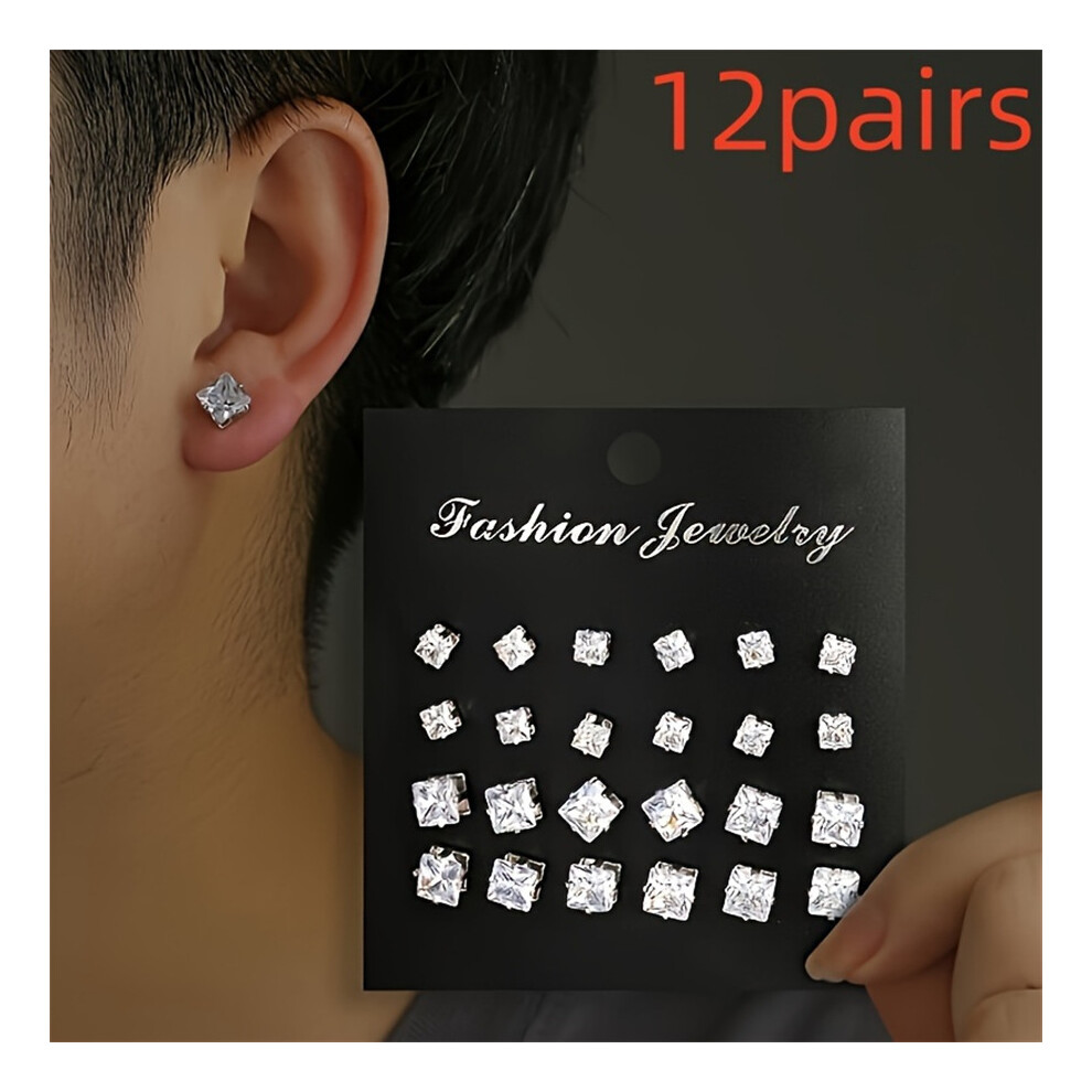 12 Pairs New Fashionable And Versatile Full Diamond Super Sparkling Earrings With White K-Square Zircon Earrings
