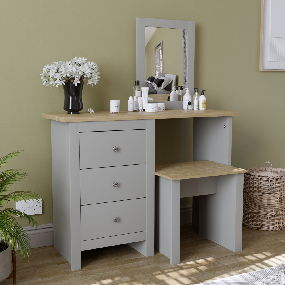 (Grey & Oak) Arlington 3 Drawer Dressing Table Mirror Stool Set