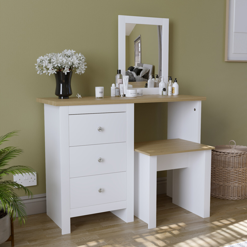 (White & Oak) Arlington 3 Drawer Dressing Table Mirror Stool Set