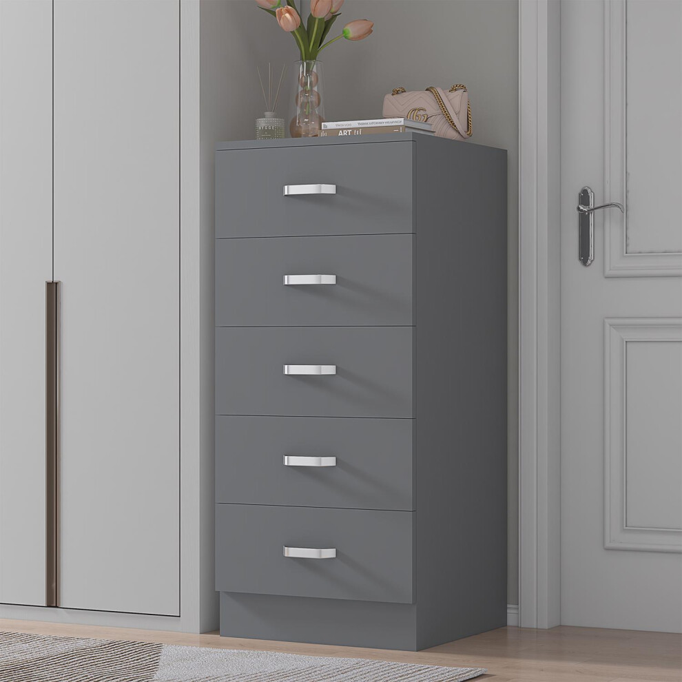 FWStyle Matt Grey 5 Drawer Chest Of Drawers Bottom Fixed Runners Chrome Handles