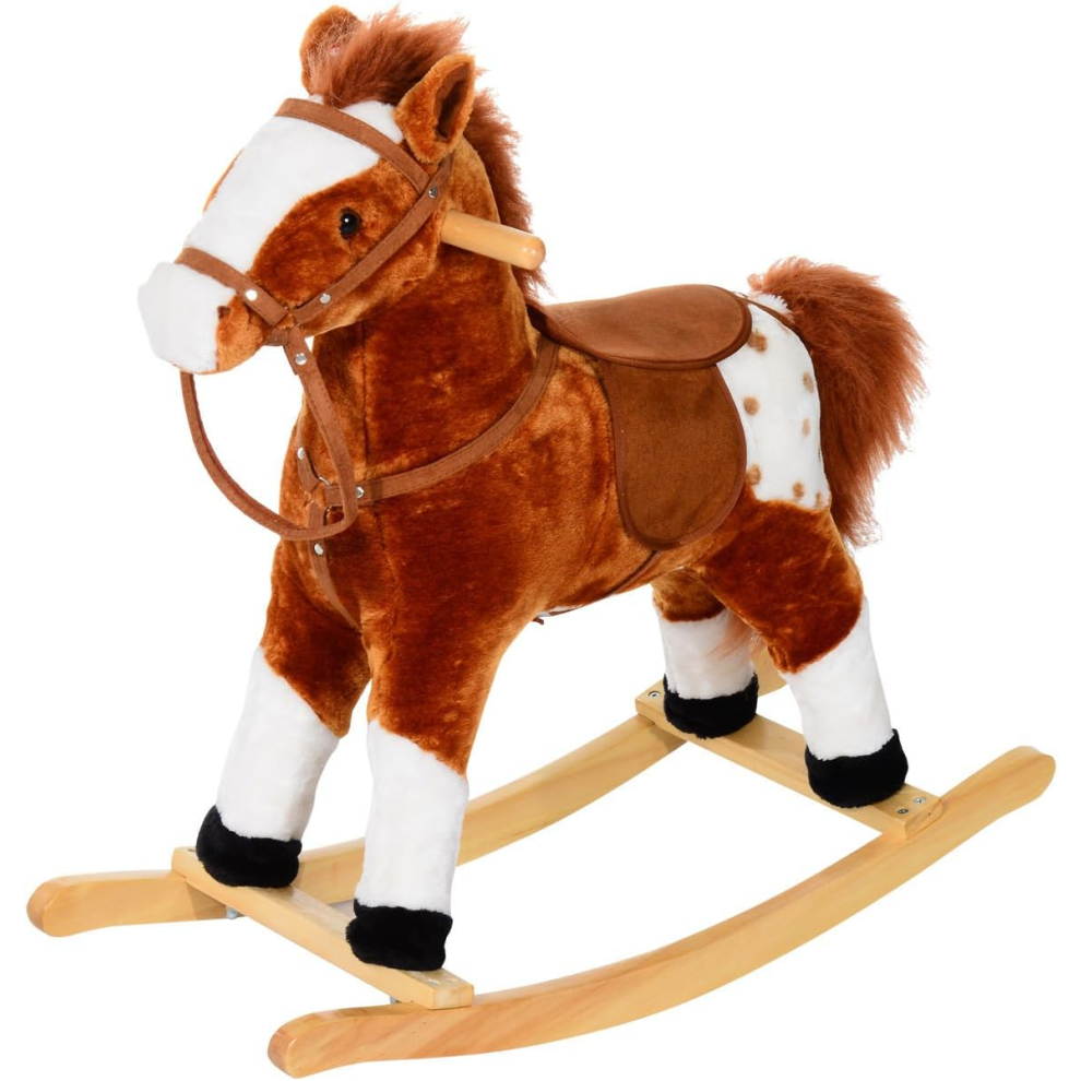 HOMCOM Baby Rocking Horse Plush Ride on Animals Rocker with Sound Handle Grip for kids 3-6 years - Brown