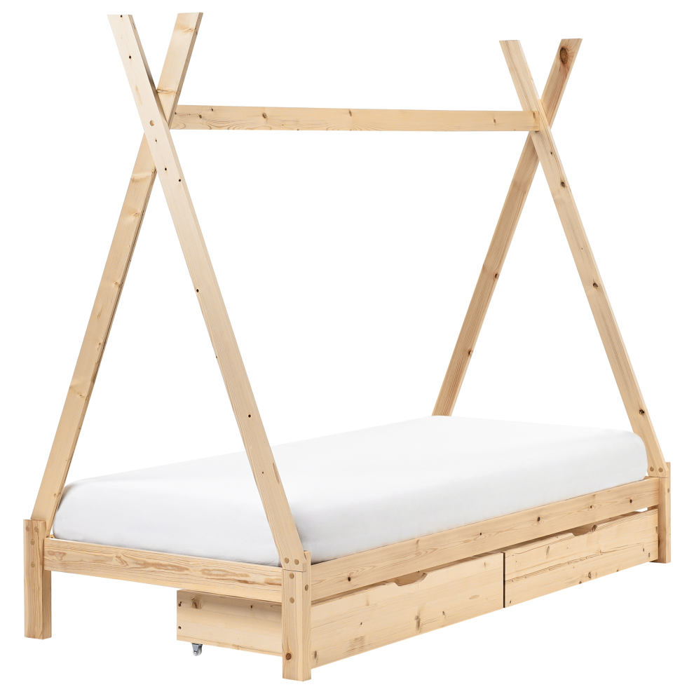 Kids Bed with Drawers Teepee Pine Wood DEVAY 90 x 200 cm (EU Single) Light Brown